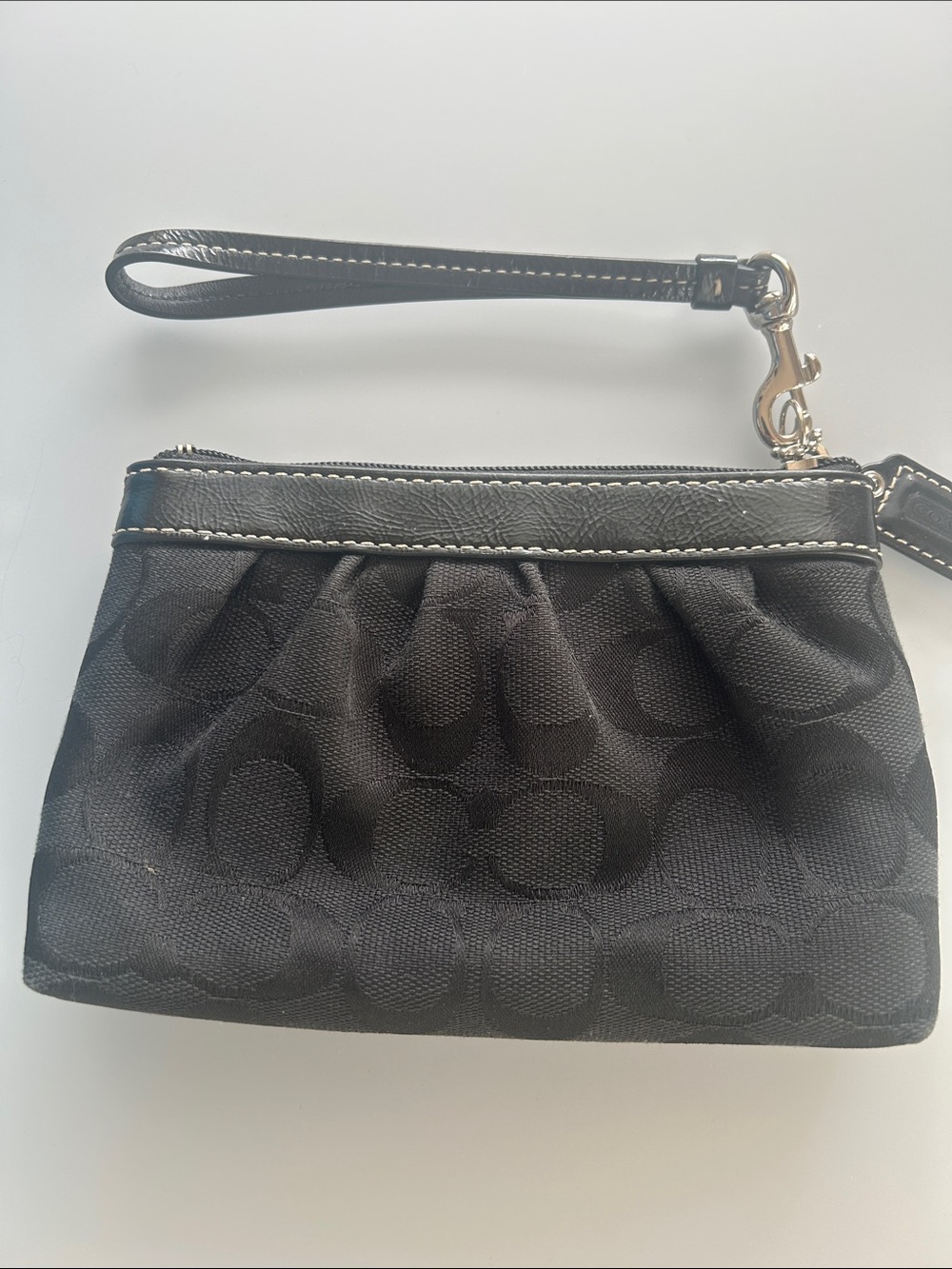 Coach Black Signature Wristlet with Leather Trim
